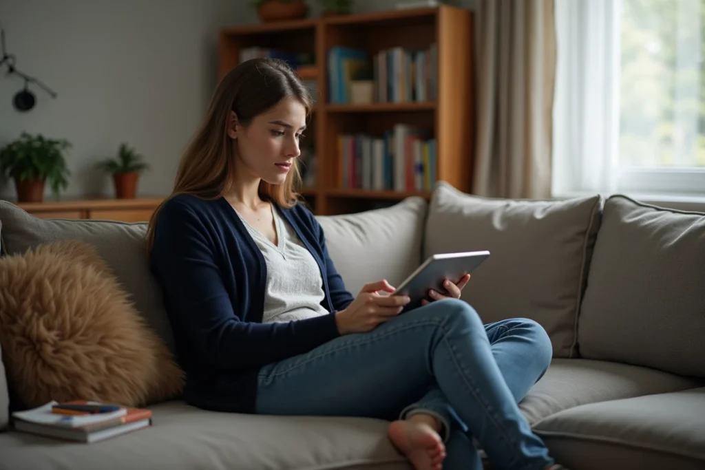 Enseignante accédant à sa messagerie Dsden 64 depuis un usage à domicile sur une tablette numérique