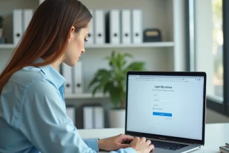 Enseignante se connectant à la messagerie académique Dsden 64 sur un ordinateur portable dans un bureau administratif