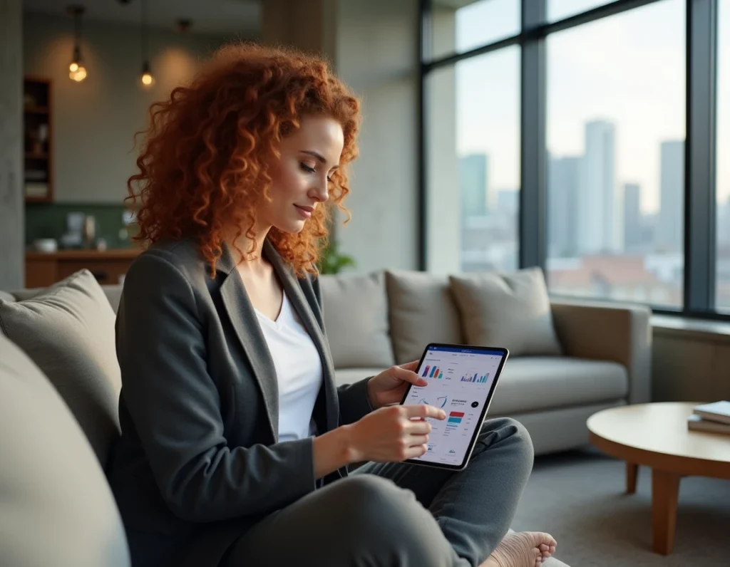 Femme professionnelle analysant des alertes de e-réputation Instagram sur une tablette dans un appartement urbain moderne