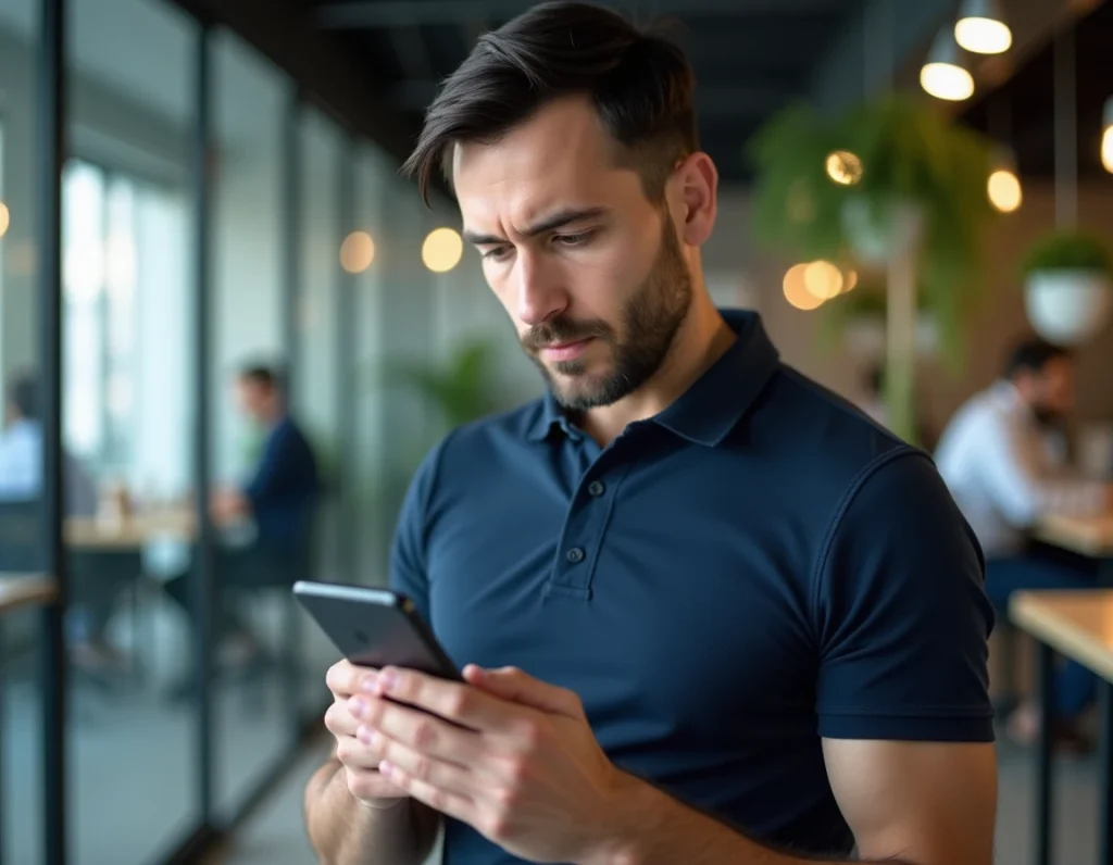 Homme en espace de coworking surveillant sa réputation en ligne sur Instagram via une application mobile