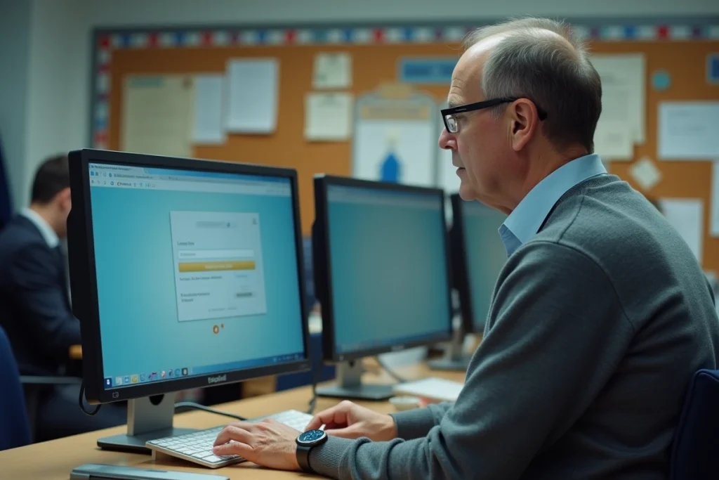 Professeur consultant les instructions de connexion à la messagerie Dsden 64 dans une salle des professeurs