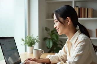 Jeune femme analysant sa e-réputation Instagram sur un ordinateur portable dans un bureau minimaliste moderne
