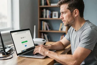 Homme accédant à l'interface d'administration de son routeur via l'adresse IP 192.168.1.1 sur un ordinateur portable