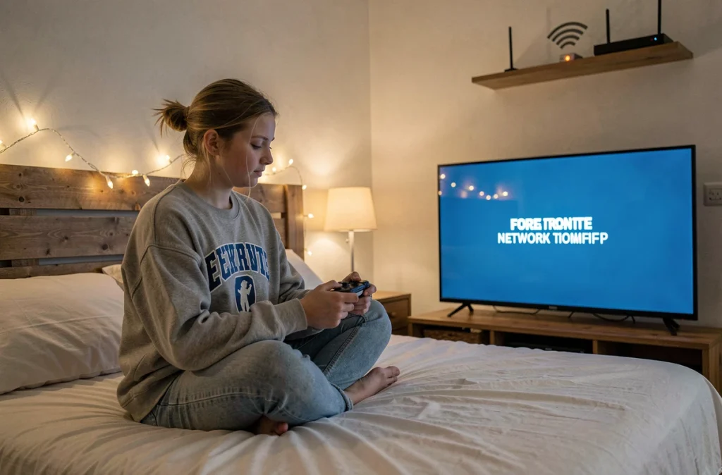 Adolescente attendant la reconnexion à Fortnite avec une erreur réseau affichée sur sa télévision