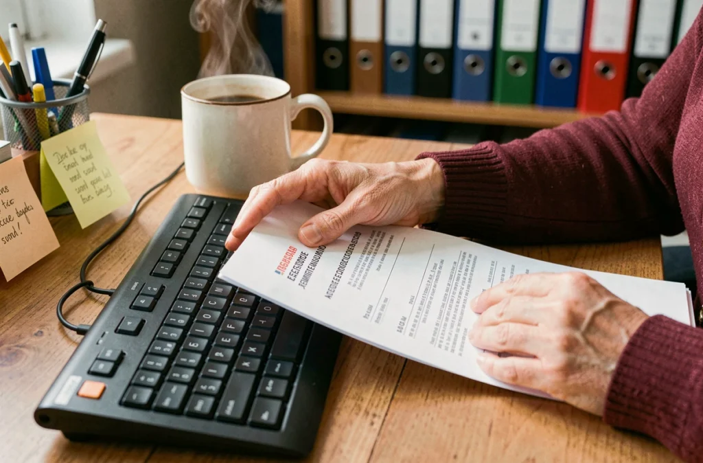 Mains d'une agente administrative comparant un mémo papier et une messagerie électronique institutionnelle à son bureau
