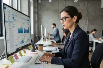 Analyste SEO féminine étudiant des tableaux de bord concurrentiels sur un grand écran de bureau dans un bureau moderne