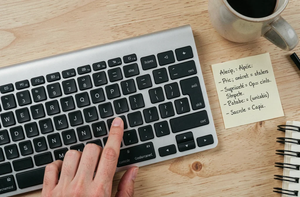 Gros plan d'un clavier AZERTY avec une note manuscrite indiquant les raccourcis clavier pour le È majuscule