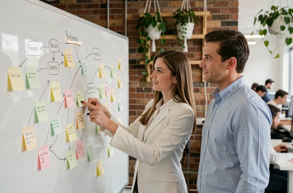 Deux collègues en agence discutant de la stratégie de liens internes sur un tableau blanc couvert de post-it
