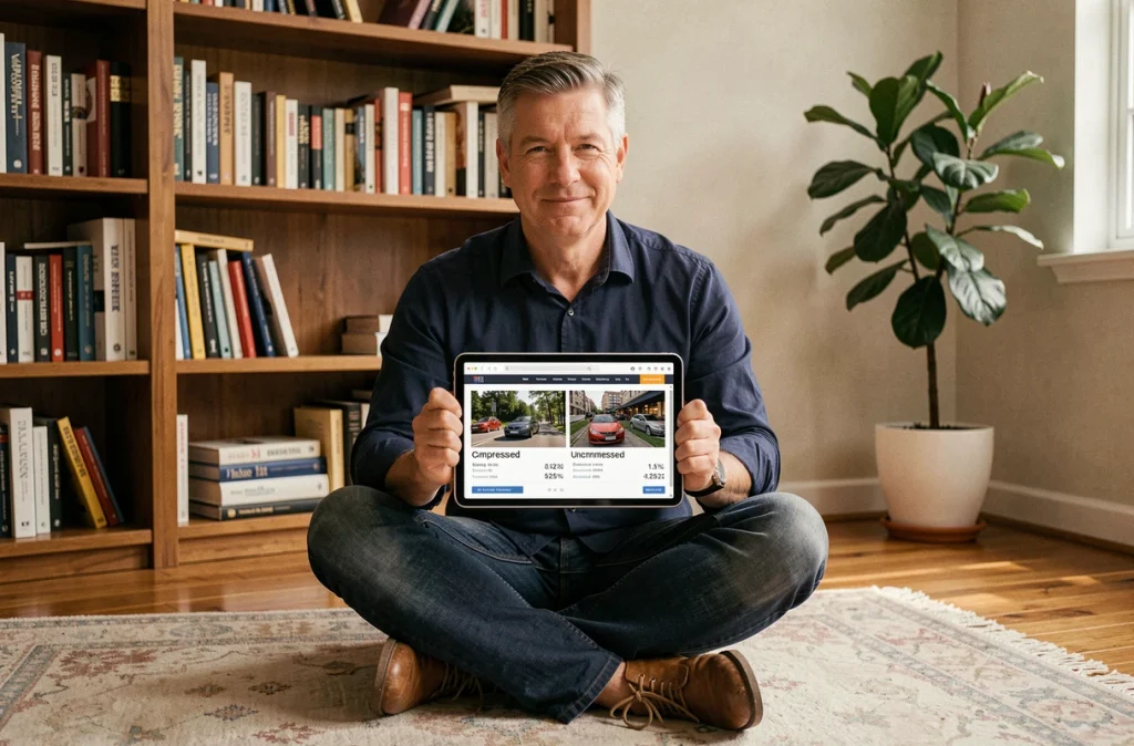 Consultant SEO comparant des images compressées et non compressées sur une tablette pour optimiser les performances d'un site web