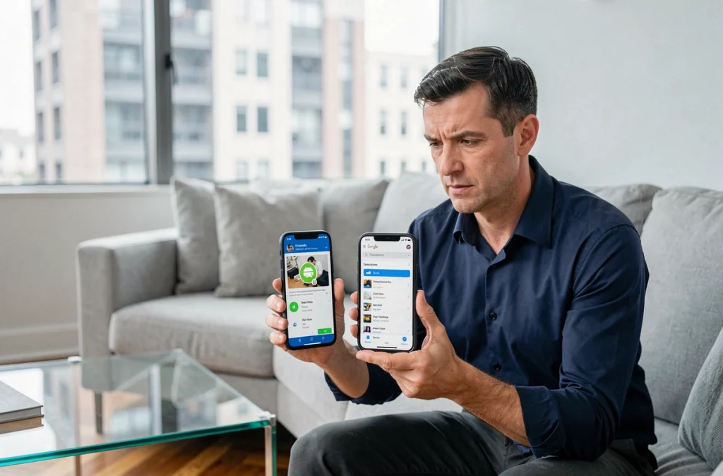 Homme comparant la corbeille système Android et la corbeille Google Photos sur deux smartphones côte à côte