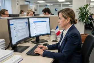 Fonctionnaire comparant deux interfaces de messagerie gouvernementale sur double écran dans un bureau administratif
