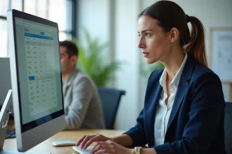 Femme analyste marketing comparant les tarifs de logiciels d'emailing sur un écran d'ordinateur dans un bureau moderne
