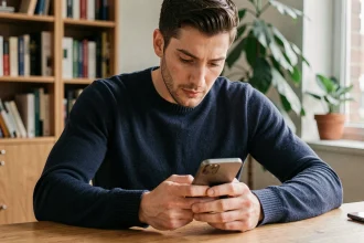 Homme configurant le webmail AC Strasbourg sur son smartphone Android à son bureau