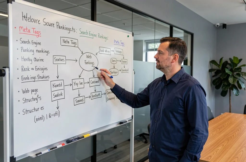 Consultant SEO expliquant l'impact des balises méta sur le référencement devant un tableau blanc dans une salle de réunion