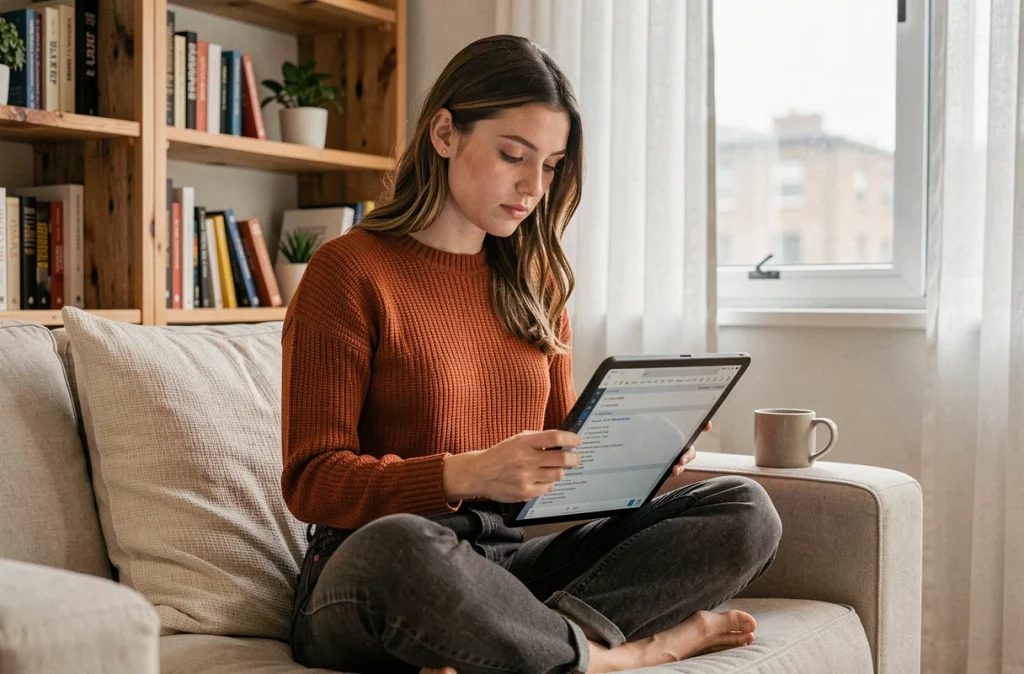 Jeune femme consultant des données de trafic organique sur tablette pour optimiser une stratégie de contenu evergreen depuis son bureau à domicile