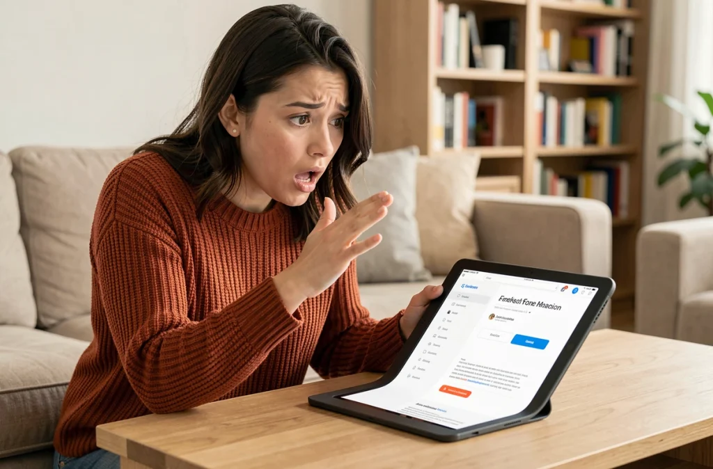 Femme surprise par un décalage soudain de mise en page sur son écran de tablette, illustrant le Cumulative Layout Shift et l'instabilité visuelle