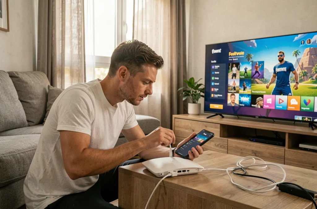 Adulte dépannant sa connexion internet derrière un routeur pour résoudre un problème Fortnite