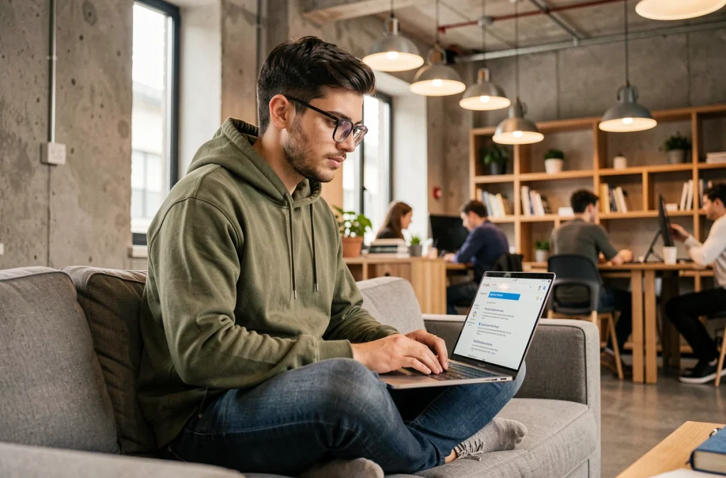 Jeune développeur analysant les balises méta et descriptions dans les résultats de recherche Google sur un laptop dans un espace de coworking