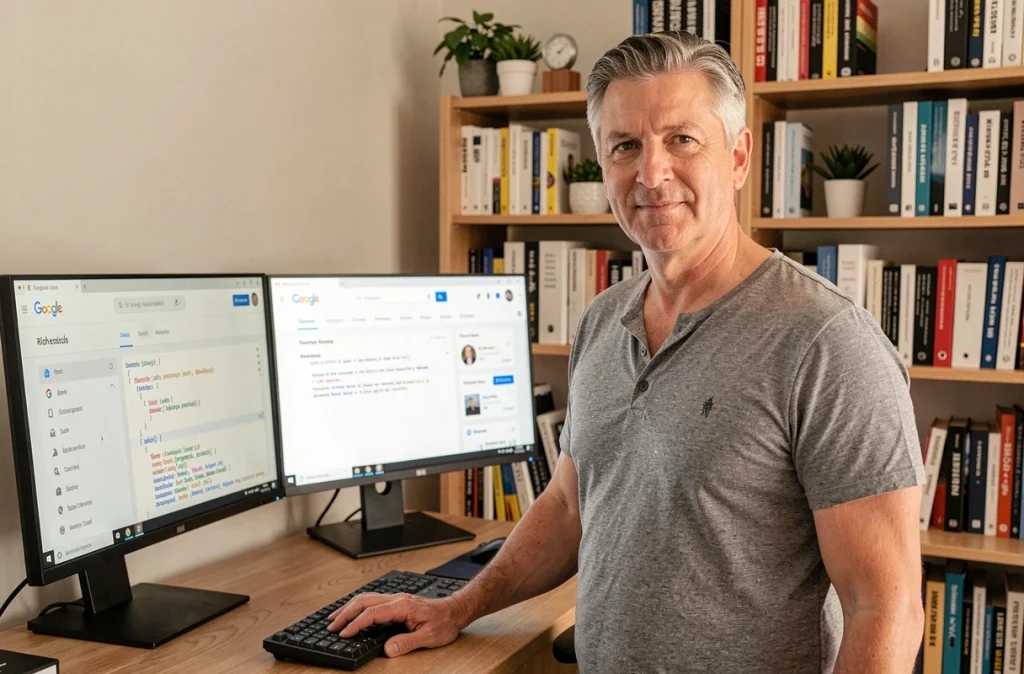 Développeur masculin travaillant sur des balisages de données structurées pour améliorer les extraits enrichis dans les résultats de recherche