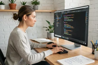 Développeuse web intégrant des balises méta dans un éditeur de code sur un grand écran ultrawide dans un bureau moderne