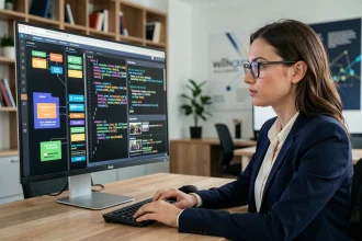 Développeuse web analysant des données structurées et des extraits enrichis sur un écran d'ordinateur dans un bureau moderne