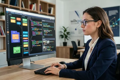 Développeuse web analysant des données structurées et des extraits enrichis sur un écran d'ordinateur dans un bureau moderne