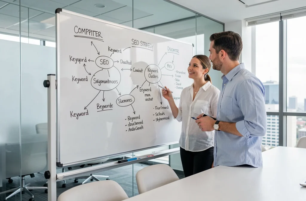 Deux professionnels du marketing collaborant sur une stratégie SEO concurrentielle devant un tableau blanc dans une salle de réunion moderne
