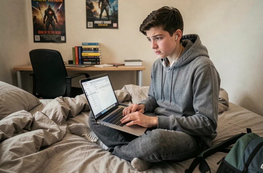 Adolescent assis sur son lit consultant les paramètres de navigateur pour supprimer l'extension de fichier .jfif sur son ordinateur portable
