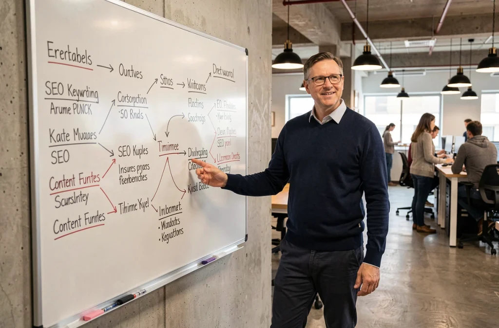 Expert en SEO présentant une stratégie de contenu evergreen sur un tableau blanc dans un espace de travail collaboratif