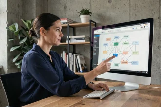 Femme professionnelle analysant la structure de liens internes d'un site web sur un écran d'ordinateur au bureau