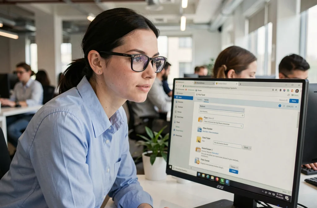 Femme en bureau professionnel modifiant les paramètres d'extension de fichier dans un navigateur sur ordinateur de bureau