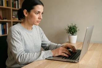 Femme tapant sur un clavier d'ordinateur portable pour saisir un È majuscule accentué