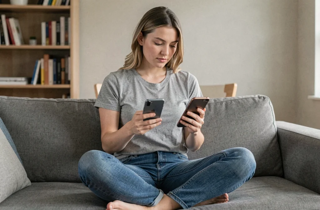 Jeune femme comparant deux smartphones côte à côte sur un canapé pour choisir le meilleur pour le gaming