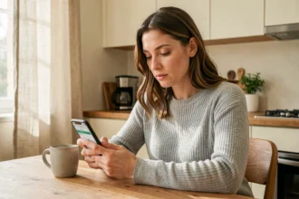 Femme consultant son compte Réglo Mobile sur smartphone dans une cuisine moderne