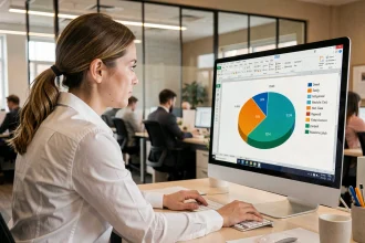 Femme professionnelle créant un graphique camembert dans Excel sur un écran de bureau en open space