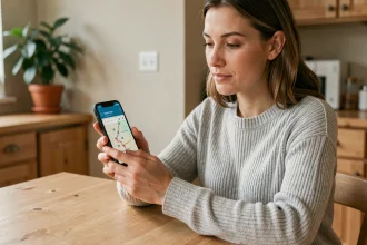 Femme utilisant une application de carte GPX sur smartphone Android à une table en bois