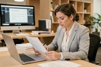 Femme professionnelle en blazer gris révisant un document PDF imprimé tout en travaillant sur un ordinateur portable dans un bureau moderne