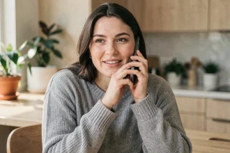 Femme utilisant la recherche vocale sur smartphone dans une cuisine moderne, illustrant les nouvelles habitudes de référencement vocal
