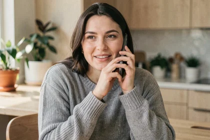 Femme utilisant la recherche vocale sur smartphone dans une cuisine moderne, illustrant les nouvelles habitudes de référencement vocal