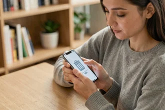 Femme utilisant son smartphone Android pour vider la corbeille de l'application Google Photos à son bureau