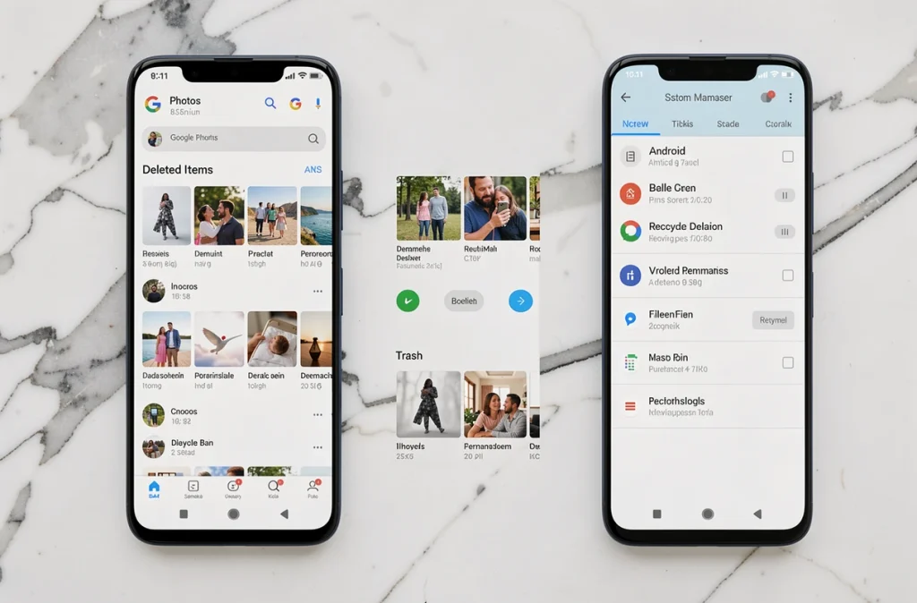 Vue du dessus de deux smartphones Android montrant la différence entre la corbeille système et la corbeille Google Photos