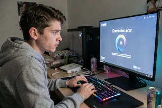 Jeune gamer frustré face à un écran d'erreur de connexion Fortnite sur son PC de bureau