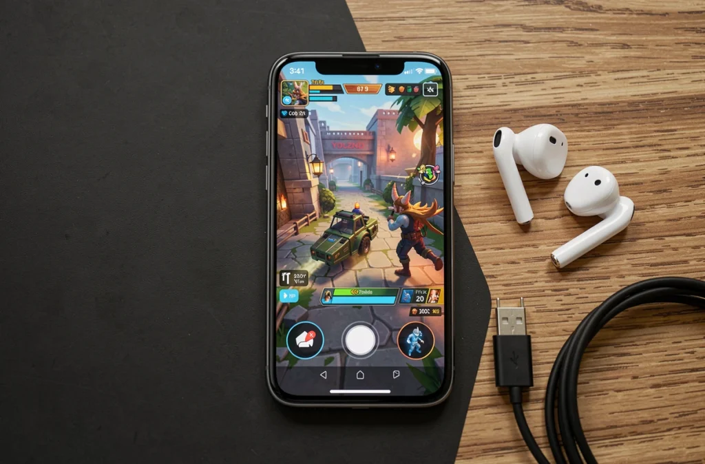 Gros plan d'un smartphone gaming posé sur une surface noire avec interface de jeu mobile et accessoires