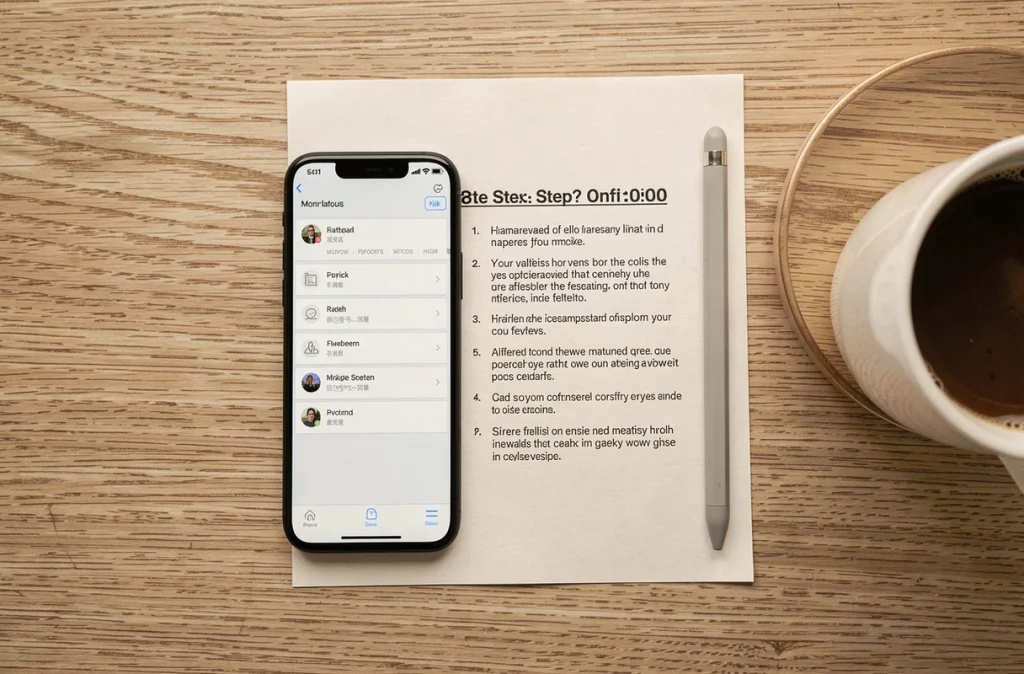 Vue de dessus d'un smartphone et d'un guide de configuration du webmail AC Strasbourg sur une table en bois