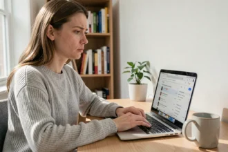 Femme consultant son historique Google sur un ordinateur portable dans un bureau à domicile minimaliste