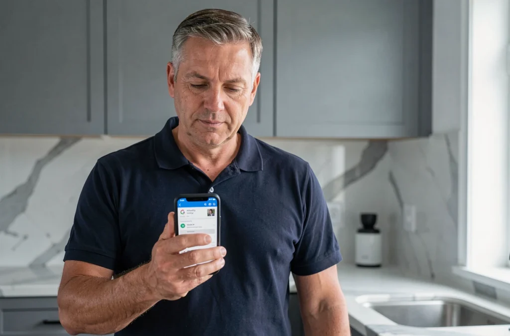 Homme vérifiant l'historique d'activité Google sur son smartphone dans une cuisine moderne