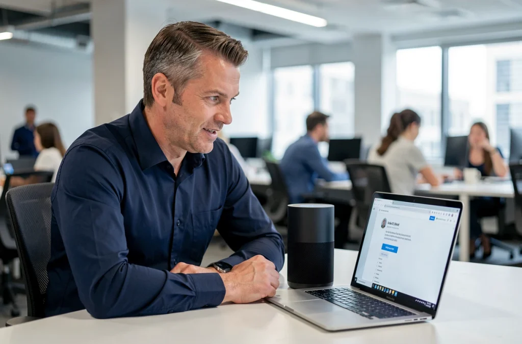 Homme en environnement de bureau interrogeant un assistant vocal connecté, symbolisant l'évolution du SEO et du référencement naturel