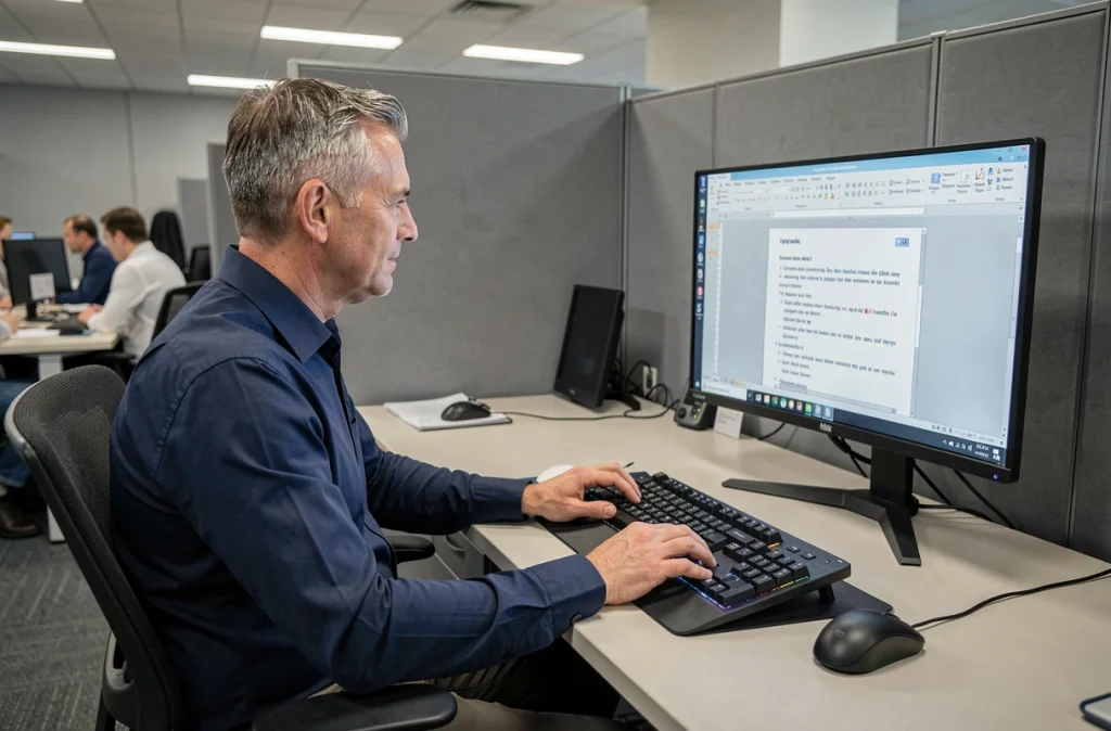 Homme au bureau utilisant un clavier mécanique pour écrire des caractères accentués en majuscule