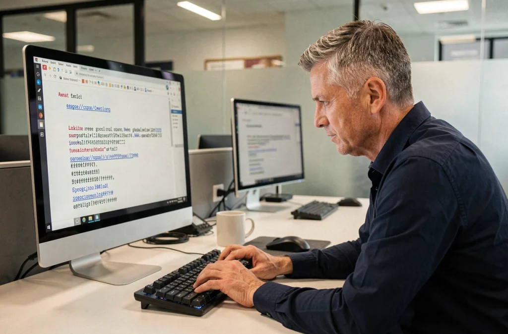 Homme utilisant un clavier mécanique de bureau pour saisir des signes spéciaux sur un écran d'ordinateur