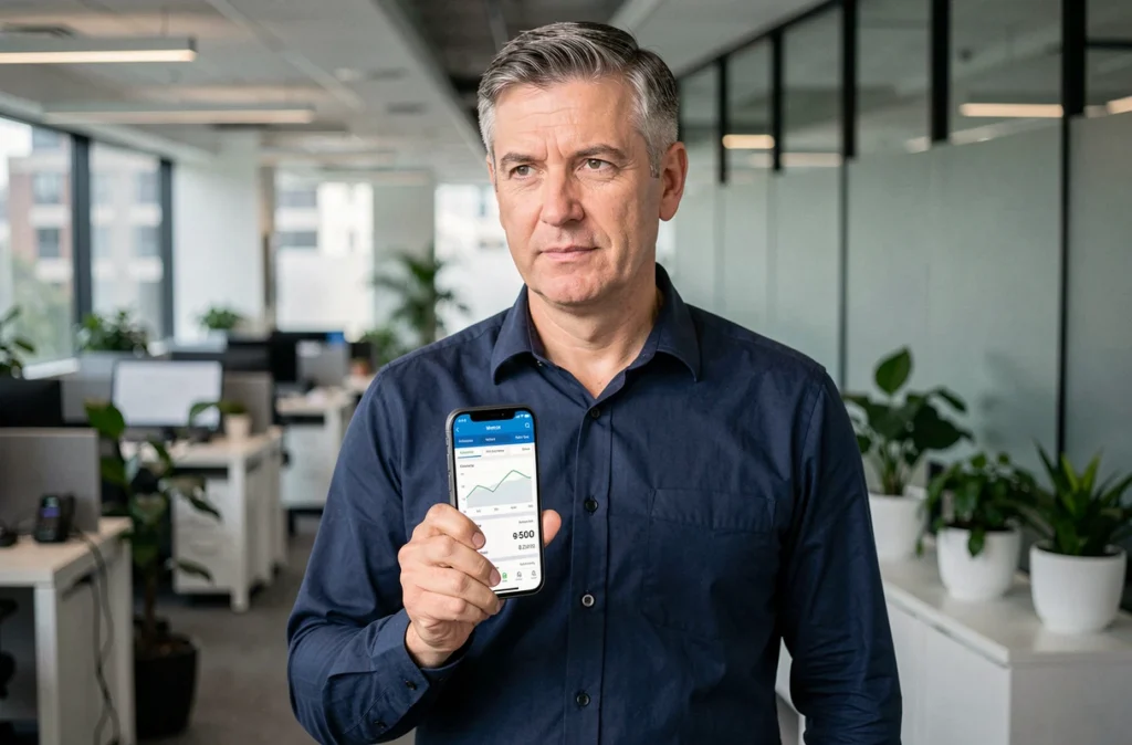 Homme d'affaires gérant ses factures et options sur l'application de son opérateur mobile